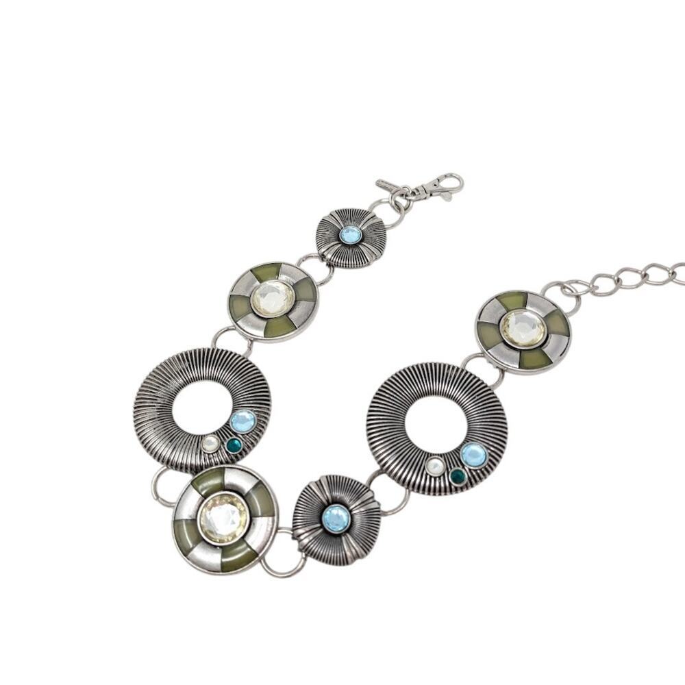 Chicos Silver Tone Chain Belt Blue Yellow Medallions Y2K Western Boho One Size - Picture 6 of 7